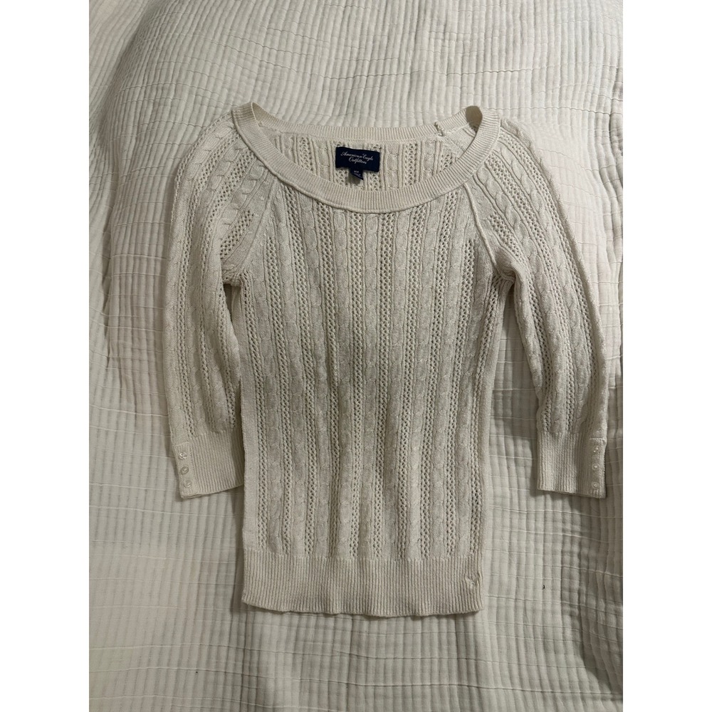 American Eagle Cream Cable Knit Scoop Neck 3/4 Sleeve Y2K Sweater Womens Medium